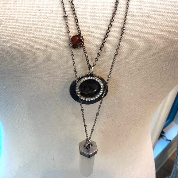 Double Chain Trinket Necklace EUC Silver Crystal copper and white Stone - Picture 2 of 9